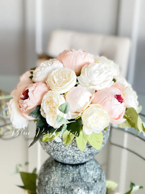 Blush Pink and White Peony Arrangement, Artificial Faux Centerpiece, Floral Decor, Silk Flowers in Glass Vase Home Decor