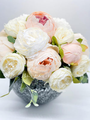 Blush Pink and White Peony Arrangement, Artificial Faux Centerpiece, Floral Decor, Silk Flowers in Glass Vase Home Decor