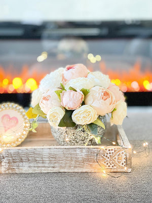 Blush Pink and White Peony Arrangement, Artificial Faux Centerpiece, Floral Decor, Silk Flowers in Glass Vase Home Decor