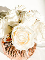 Blush Rose Flower Arrangement, Floral, Artificial Faux Centerpiece, Soft Touch Flowers in Rose Gold Glass Vase Home Decor