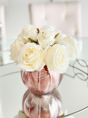Blush Rose Flower Arrangement, Floral, Artificial Faux Centerpiece, Soft Touch Flowers in Rose Gold Glass Vase Home Decor