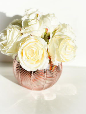 Blush Rose Flower Arrangement, Floral, Artificial Faux Centerpiece, Soft Touch Flowers in Rose Gold Glass Vase Home Decor