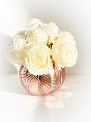 Blush Rose Flower Arrangement, Floral, Artificial Faux Centerpiece, Soft Touch Flowers in Rose Gold Glass Vase Home Decor