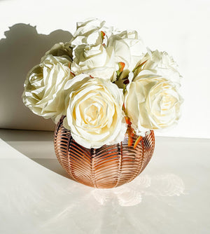 Blush Rose Flower Arrangement, Floral, Artificial Faux Centerpiece, Soft Touch Flowers in Rose Gold Glass Vase Home Decor