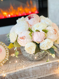 Blush Pink and White Peony Arrangement, Artificial Faux Centerpiece, Floral Decor, Silk Flowers in Glass Vase Home Decor