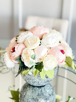 Blush Pink and White Peony Arrangement, Artificial Faux Centerpiece, Floral Decor, Silk Flowers in Glass Vase Home Decor