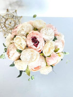 Blush Pink and White Peony Arrangement, Artificial Faux Centerpiece, Floral Decor, Silk Flowers in Glass Vase Home Decor