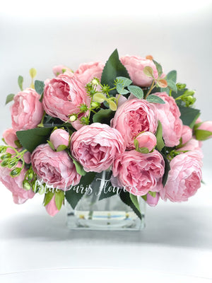 Pink Rose Peony Arrangement, Artificial Faux Centerpiece, Silk Flowers in Glass Vase for Home Decor
