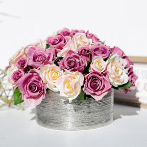 Large Burgundy, Dusty Rose, Cream Rose Arrangement, Artificial Faux Centerpiece, Floral Decor, Silk, Flowers in Silver Vase Decor Artificial