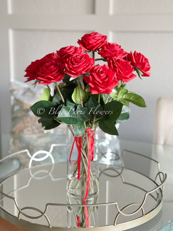 Red Real Touch Roses Arrangement, Artificial Faux Centerpiece, Silk Flowers in Glass Vase for Home Decor, Mother’s Day Gift