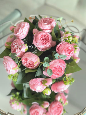 Pink Rose Peony Arrangement, Artificial Faux Centerpiece, Silk Flowers in Glass Vase for Home Decor