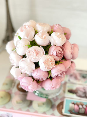 Light Pink Peonies, Centerpiece, Faux Flower Arrangement | French Country | Arrangement in Clear Glass Vase | Modern Style