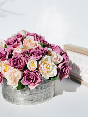 Large Burgundy, Dusty Rose, Cream Rose Arrangement, Artificial Faux Centerpiece, Floral Decor, Silk, Flowers in Silver Vase Decor Artificial