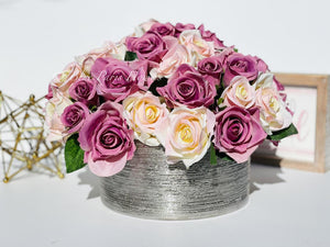 Large Burgundy, Dusty Rose, Cream Rose Arrangement, Artificial Faux Centerpiece, Floral Decor, Silk, Flowers in Silver Vase Decor Artificial