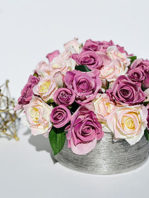 Large Burgundy, Dusty Rose, Cream Rose Arrangement, Artificial Faux Centerpiece, Floral Decor, Silk, Flowers in Silver Vase Decor Artificial