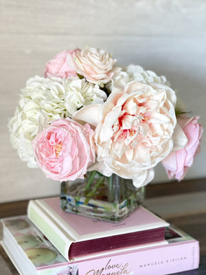 Premium Real Touch, Light Pink & White Roses, Hydrangeas, Blush Peonies, Faux Flower Arrangement, Centerpiece, French Floral Home Decor