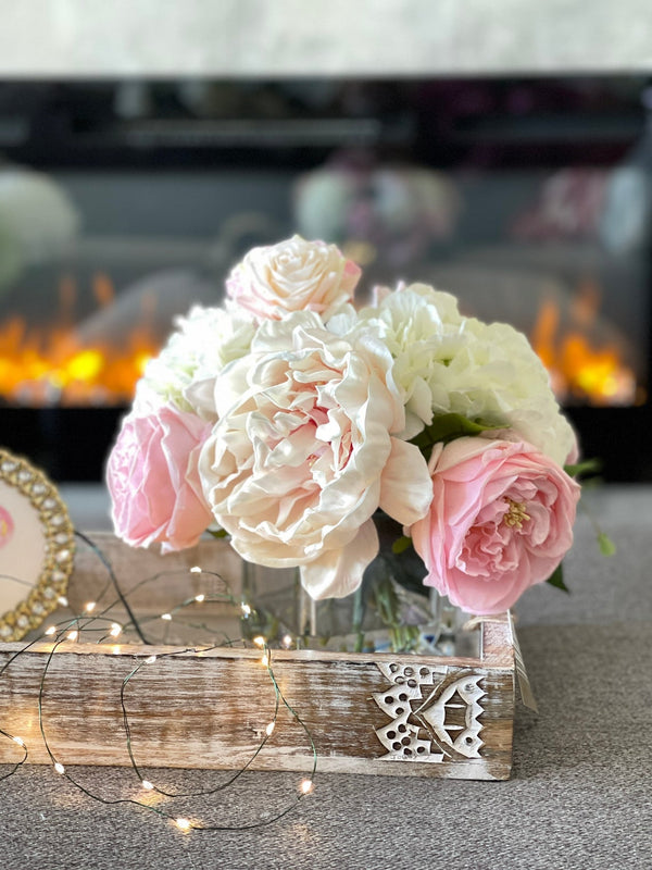 Premium Real Touch, Light Pink & White Roses, Hydrangeas, Blush Peonies, Faux Flower Arrangement, Centerpiece, French Floral Home Decor
