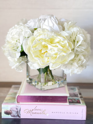 Premium Real Touch, White Roses, Hydrangeas, Peonies, Artificial Faux Flower Arrangement Centerpiece, French Floral Home Decor Flower, Blue Paris