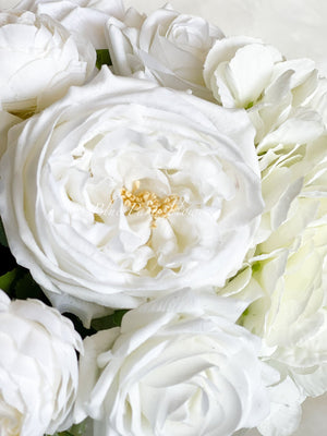 Premium Real Touch, White Roses, Hydrangeas, Peonies, Artificial Faux Flower Arrangement Centerpiece, French Floral Home Decor Flower, Blue Paris