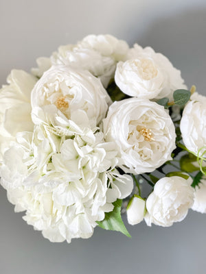 Premium Real Touch, White Roses, Hydrangeas, Peonies, Artificial Faux Flower Arrangement Centerpiece, French Floral Home Decor Flower, Blue Paris