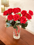 Red Real Touch Roses Arrangement, Artificial Faux Centerpiece, Silk Flowers in Glass Vase for Home Decor, Mother’s Day Gift