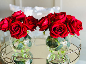 Red Large Head Roses Arrangement, Artificial Faux Centerpiece, Silk velvet Flowers in Glass Vase for Home Decor Floral Flower Arrangement