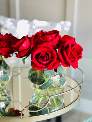 Red Large Head Roses Arrangement, Artificial Faux Centerpiece, Silk velvet Flowers in Glass Vase for Home Decor Floral Flower Arrangement