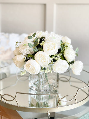 White Peony Ranunculus Floral Arrangement, Artificial Faux Centerpiece, Silk Flowers French Country Decor, Floral Arrangement, Flower Gift
