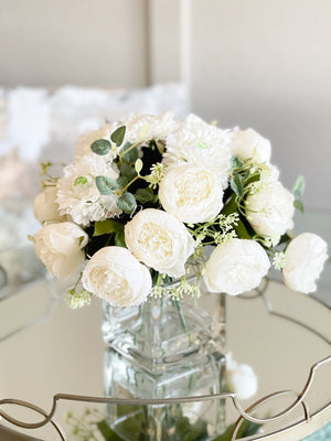 White Peony Ranunculus Floral Arrangement, Artificial Faux Centerpiece, Silk Flowers French Country Decor, Floral Arrangement, Flower Gift