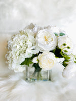 Premium Real Touch, White Roses, Hydrangeas, Peonies, Artificial Faux Flower Arrangement Centerpiece, French Floral Home Decor Flower, Blue Paris