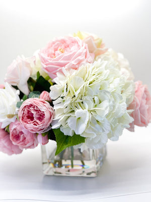 Premium Real Touch, Light Pink & White Roses, Hydrangeas, Blush Peonies, Faux Flower Arrangement, Centerpiece, French Floral Home Decor
