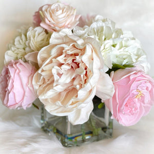 Premium Real Touch, Light Pink & White Roses, Hydrangeas, Blush Peonies, Faux Flower Arrangement, Centerpiece, French Floral Home Decor