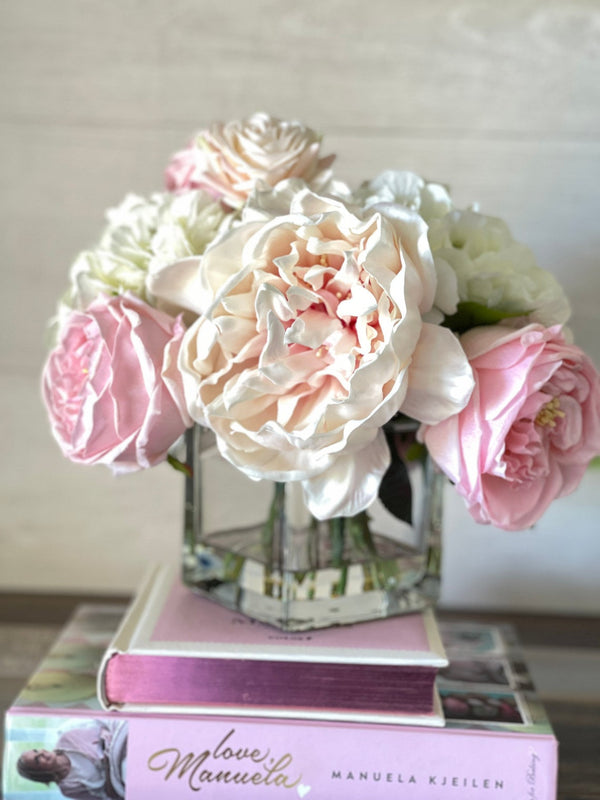 Premium Real Touch, Light Pink & White Roses, Hydrangeas, Blush Peonies, Faux Flower Arrangement, Centerpiece, French Floral Home Decor
