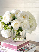 Premium Real Touch, White Roses, Hydrangeas, Peonies, Artificial Faux Flower Arrangement Centerpiece, French Floral Home Decor Flower, Blue Paris