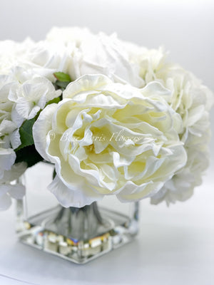 Premium Real Touch, White Roses, Hydrangeas, Peonies, Artificial Faux Flower Arrangement Centerpiece, French Floral Home Decor Flower, Blue Paris