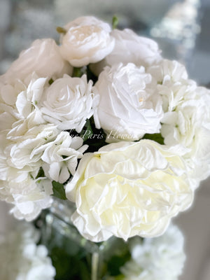 Premium Real Touch, White Roses, Hydrangeas, Peonies, Artificial Faux Flower Arrangement Centerpiece, French Floral Home Decor Flower, Blue Paris