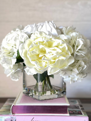 Premium Real Touch, White Roses, Hydrangeas, Peonies, Artificial Faux Flower Arrangement Centerpiece, French Floral Home Decor Flower, Blue Paris