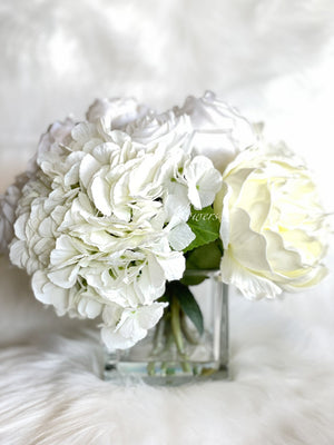 Premium Real Touch, White Roses, Hydrangeas, Peonies, Artificial Faux Flower Arrangement Centerpiece, French Floral Home Decor Flower, Blue Paris