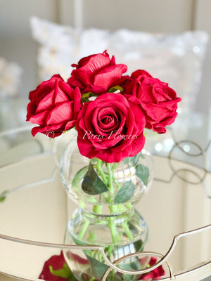 Red Large Head Roses Arrangement, Artificial Faux Centerpiece, Silk velvet Flowers in Glass Vase for Home Decor Floral Flower Arrangement
