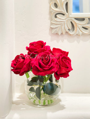 Red Large Head Roses Arrangement, Artificial Faux Centerpiece, Silk velvet Flowers in Glass Vase for Home Decor Floral Flower Arrangement