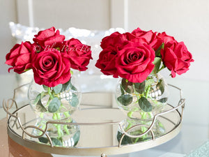 Red Large Head Roses Arrangement, Artificial Faux Centerpiece, Silk velvet Flowers in Glass Vase for Home Decor Floral Flower Arrangement