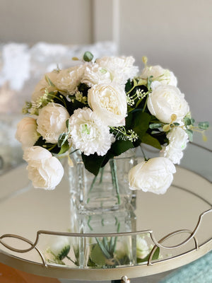 White Peony Ranunculus Floral Arrangement, Artificial Faux Centerpiece, Silk Flowers French Country Decor, Floral Arrangement, Flower Gift