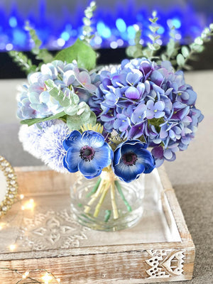 Blue French Country Anemone Thistle Hydrangeas Floral Faux Artificial Arrangement, Centerpiece Floral Flower Decor, Silk, Real Touch Flowers