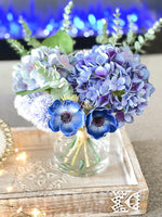 Blue French Country Anemone Thistle Hydrangeas Floral Faux Artificial Arrangement, Centerpiece Floral Flower Decor, Silk, Real Touch Flowers