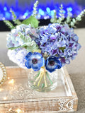 Blue French Country Anemone Thistle Hydrangeas Floral Faux Artificial Arrangement, Centerpiece Floral Flower Decor, Silk, Real Touch Flowers