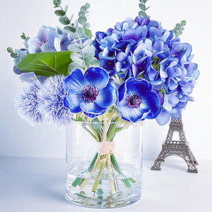 Blue French Country Anemone Thistle Hydrangeas Floral Faux Artificial Arrangement, Centerpiece Floral Flower Decor, Silk, Real Touch Flowers