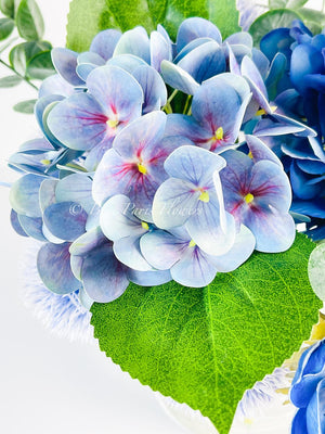 Blue French Country Anemone Thistle Hydrangeas Floral Faux Artificial Arrangement, Centerpiece Floral Flower Decor, Silk, Real Touch Flowers