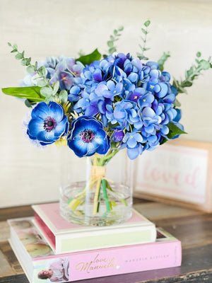 Blue French Country Anemone Thistle Hydrangeas Floral Faux Artificial Arrangement, Centerpiece Floral Flower Decor, Silk, Real Touch Flowers