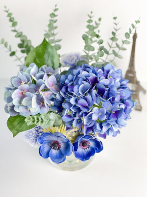 Blue French Country Anemone Thistle Hydrangeas Floral Faux Artificial Arrangement, Centerpiece Floral Flower Decor, Silk, Real Touch Flowers