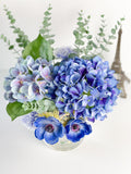 Blue French Country Anemone Thistle Hydrangeas Floral Faux Artificial Arrangement, Centerpiece Floral Flower Decor, Silk, Real Touch Flowers
